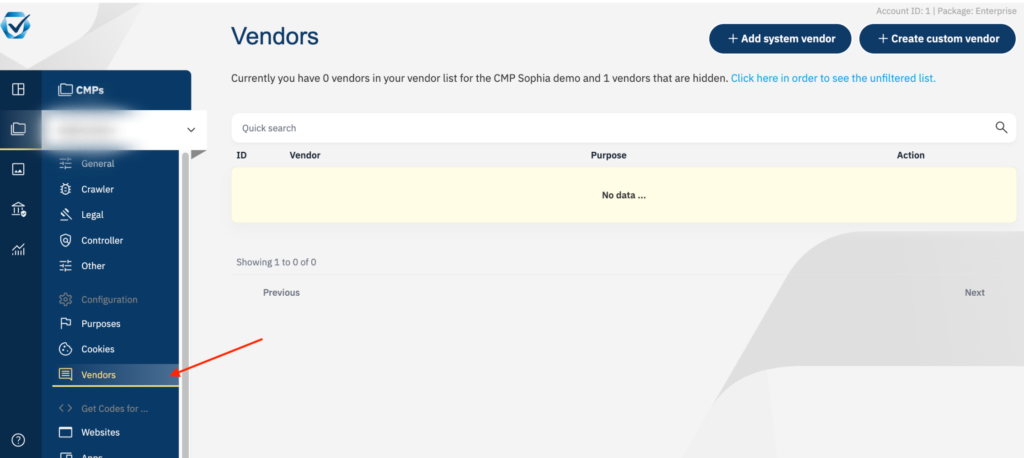 a screenshot of the consentmanager dashboard with the Vendors button highlighted