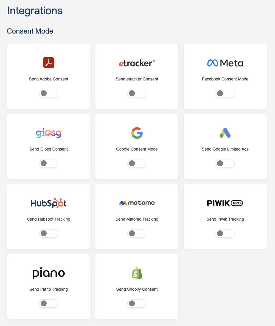integrations options for consent mode in consentmanager dashboard