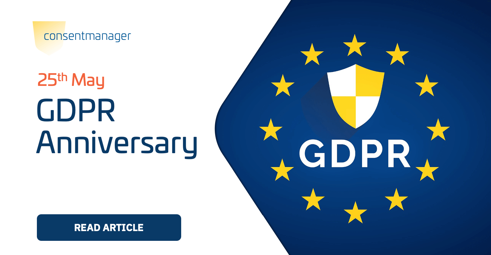Image for the anniversary of the GDPR on 25 May with "Read article" button and stars around the title "GDPR"