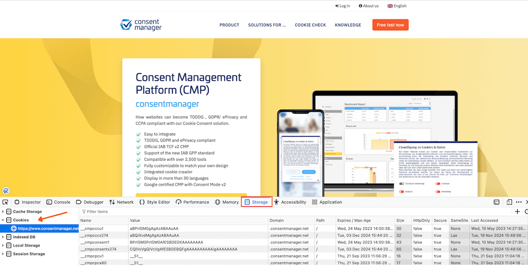 Cookie Audit Firefox Browser für consentmanager Website