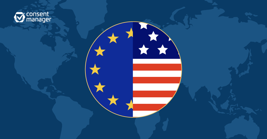Grafik eines Kreises, dessen eine Hälfte die EU-Flagge und dessen andere Hälfte die US-Flagge zeigt
