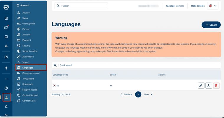 The Account > Languages screen listing a custom language with code ko and locale kr, plus the + Create button.” class=”wp-image-127068″/></figure><p class=