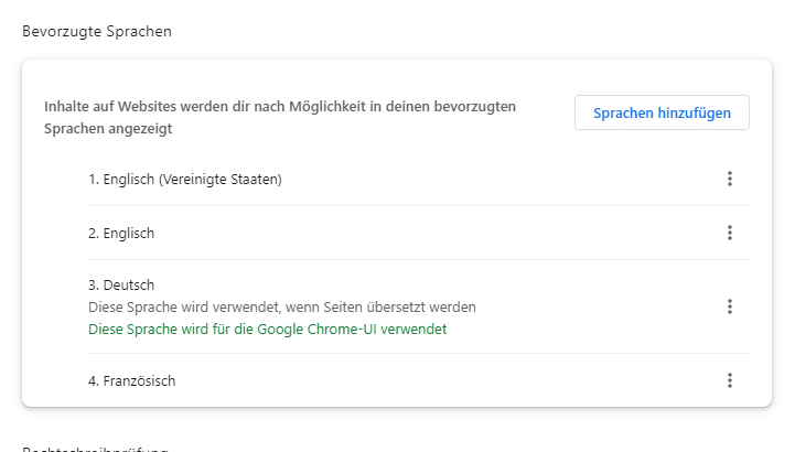 Browser language settings listing preferred languages in order: English (United States), English, German, French.