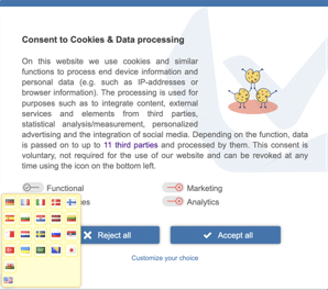 Consent layer with the language picker open in the lower left corner, showing flag icons for the available languages.
