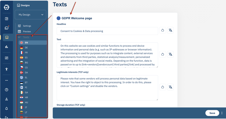 The Designs view with the Texts section open, showing the language list on the left and the editable headline and text fields for the GDPR welcome page.