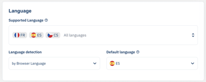 The Language block with FR, ES and CS selected as supported languages and ES set as the default language.