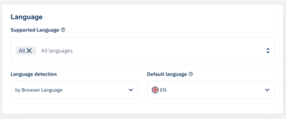 The Language block on the CMP General tab, with Supported Language set to All languages, Language detection set to by Browser Language, and Default language set to EN.