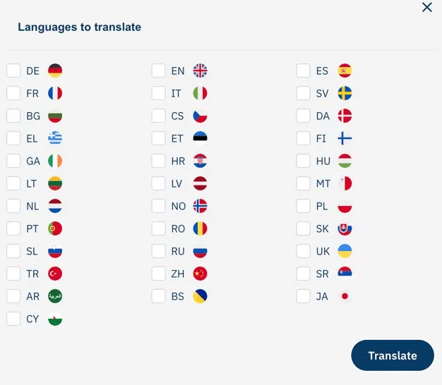 The Languages to translate dialog with a checkbox for each available language and a Translate button.
