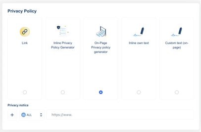 The Privacy Policy tab with the Privacy notice field showing the default ALL entry and a + button to add localized URLs.