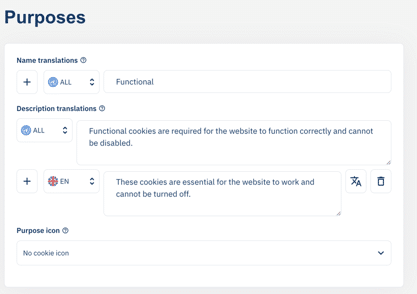 Purpose settings with an EN translation added below the default ALL description, alongside the translate and delete icons.