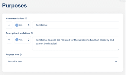 Purpose settings showing Name translations and Description translations with only the default ALL entry.