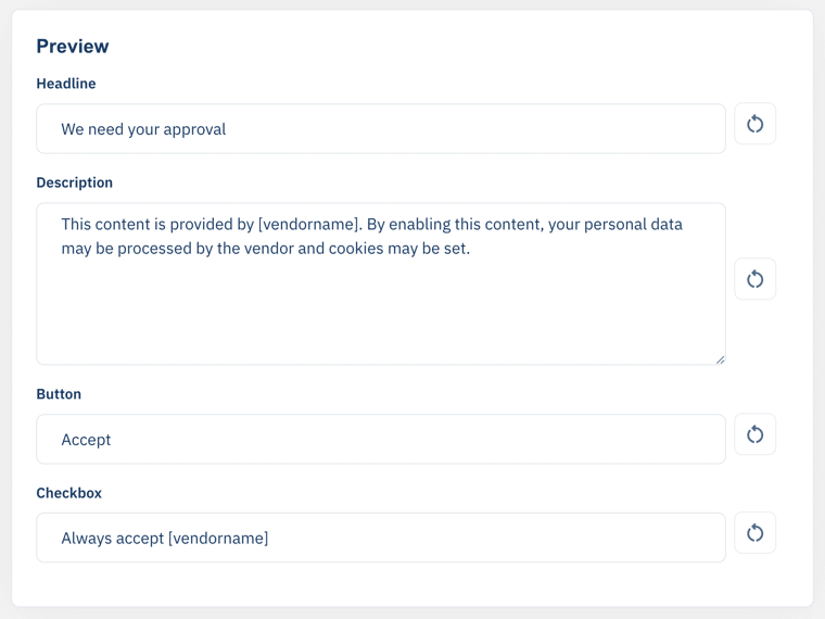 The Preview block under Designs then Texts, showing the Headline, Description, Button and Checkbox fields with their default values.