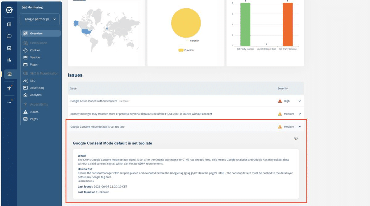 consentmanager diagnostic tool Issues panel listing three rows: Google Ads is loaded without consent, consentmanager may transfer, store or process personal data outside of the EEA/EU but is loaded without consent, and Google Consent Mode default is set too late.