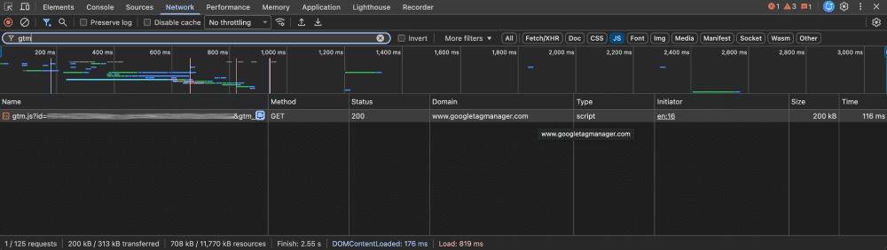 DevTools Network tab filtered for gtm.js, showing the request served from the www.googletagmanager.com domain, which means GTG is not active.