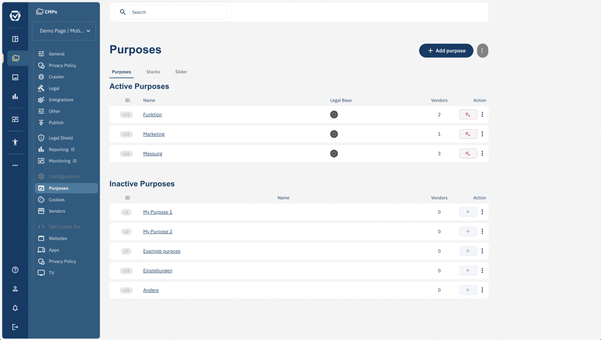 The Purposes screen, showing active and inactive purposes with their IDs, legal basis and vendor counts.