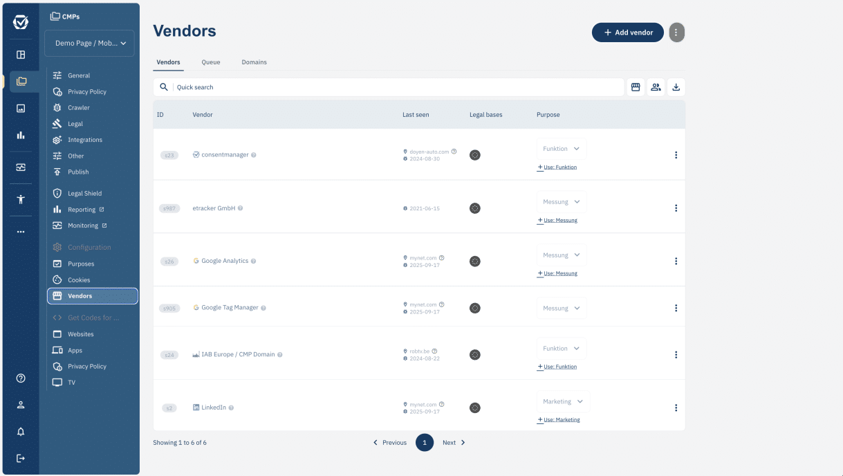 The Vendors screen after a crawl. Each row shows the vendor ID, when it was last seen, its legal basis and the purposes it is assigned to.