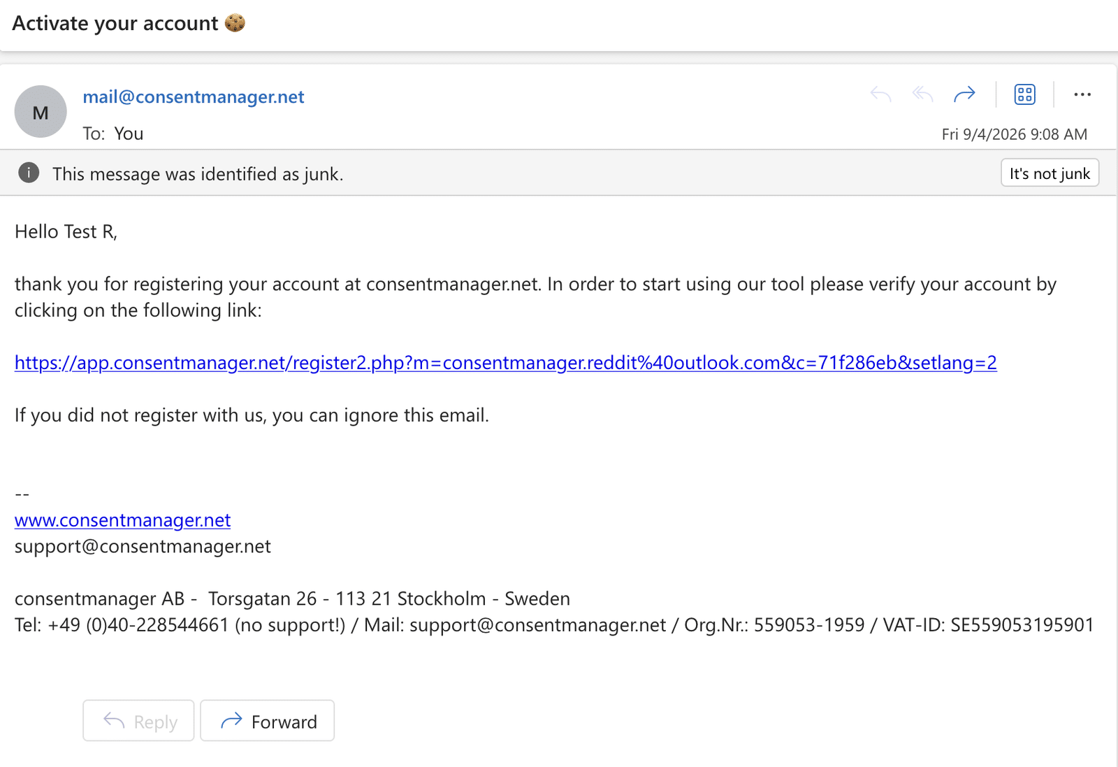 The activation e-mail from mail@consentmanager.net with the subject Activate your account, containing the verification link. In this example the mail client has filed it as junk.