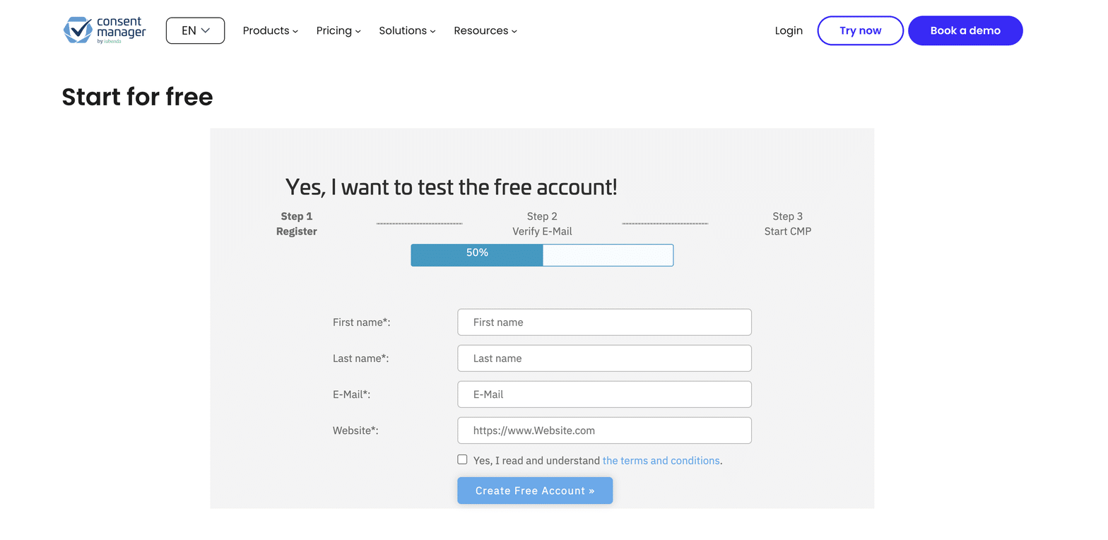 The consentmanager registration form at step 1, showing a three-step progress indicator for Register, Verify E-Mail and Start CMP, with fields for first name, last name, e-mail and website.