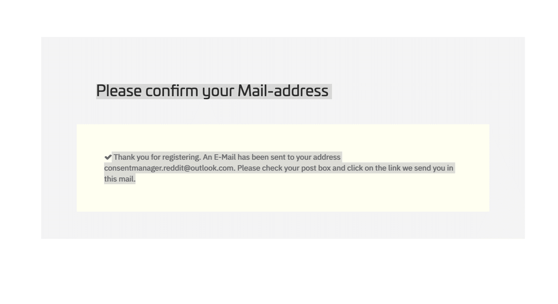 The confirmation screen after submitting the registration form, saying an e-mail has been sent to the address given and asking you to click the link in it.