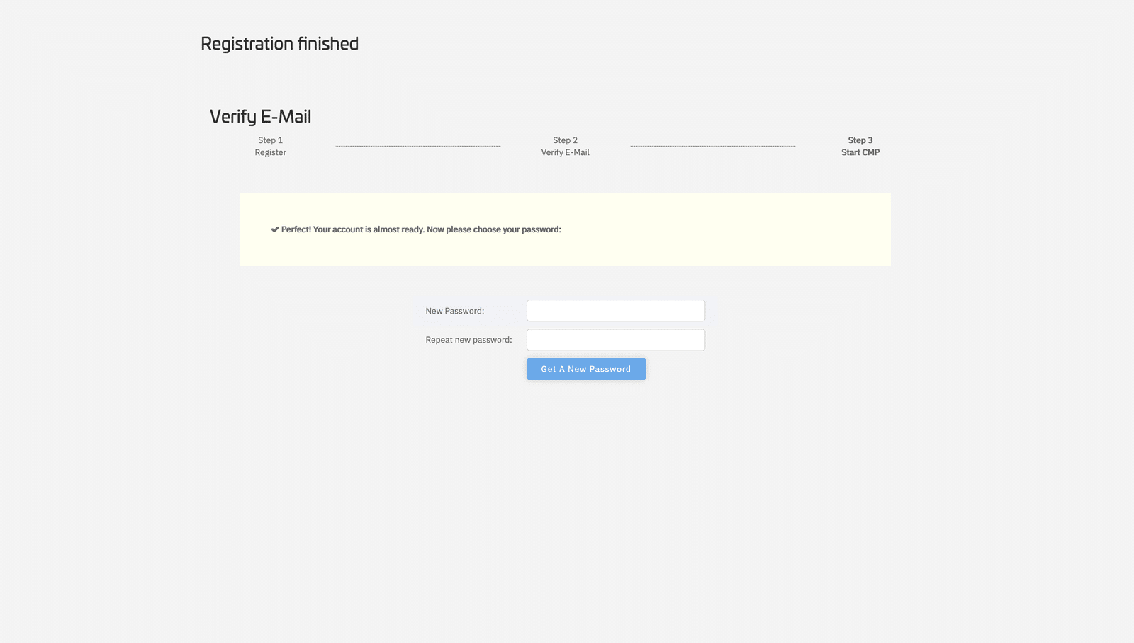 The Registration finished screen at step 3, saying the account is almost ready and asking you to choose a password, with New Password and Repeat new password fields.